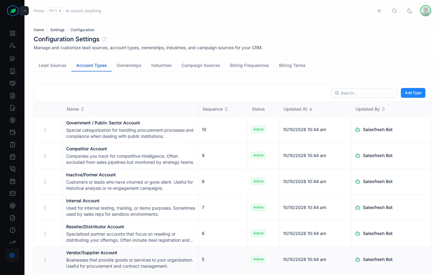 The Account Types tab with a row for each value, its sequence and status