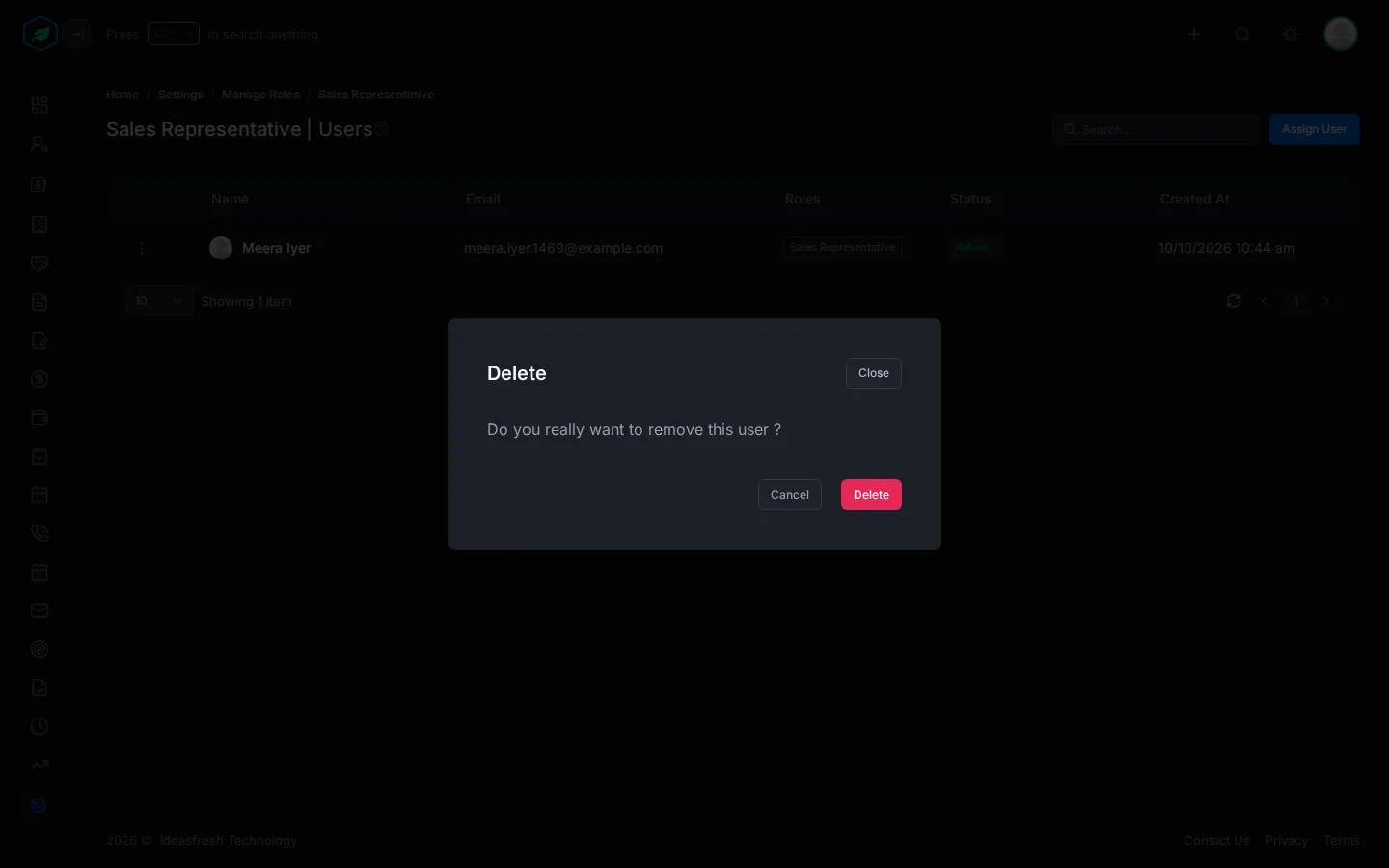 The window asking whether to remove the user from the role, with Cancel and Delete