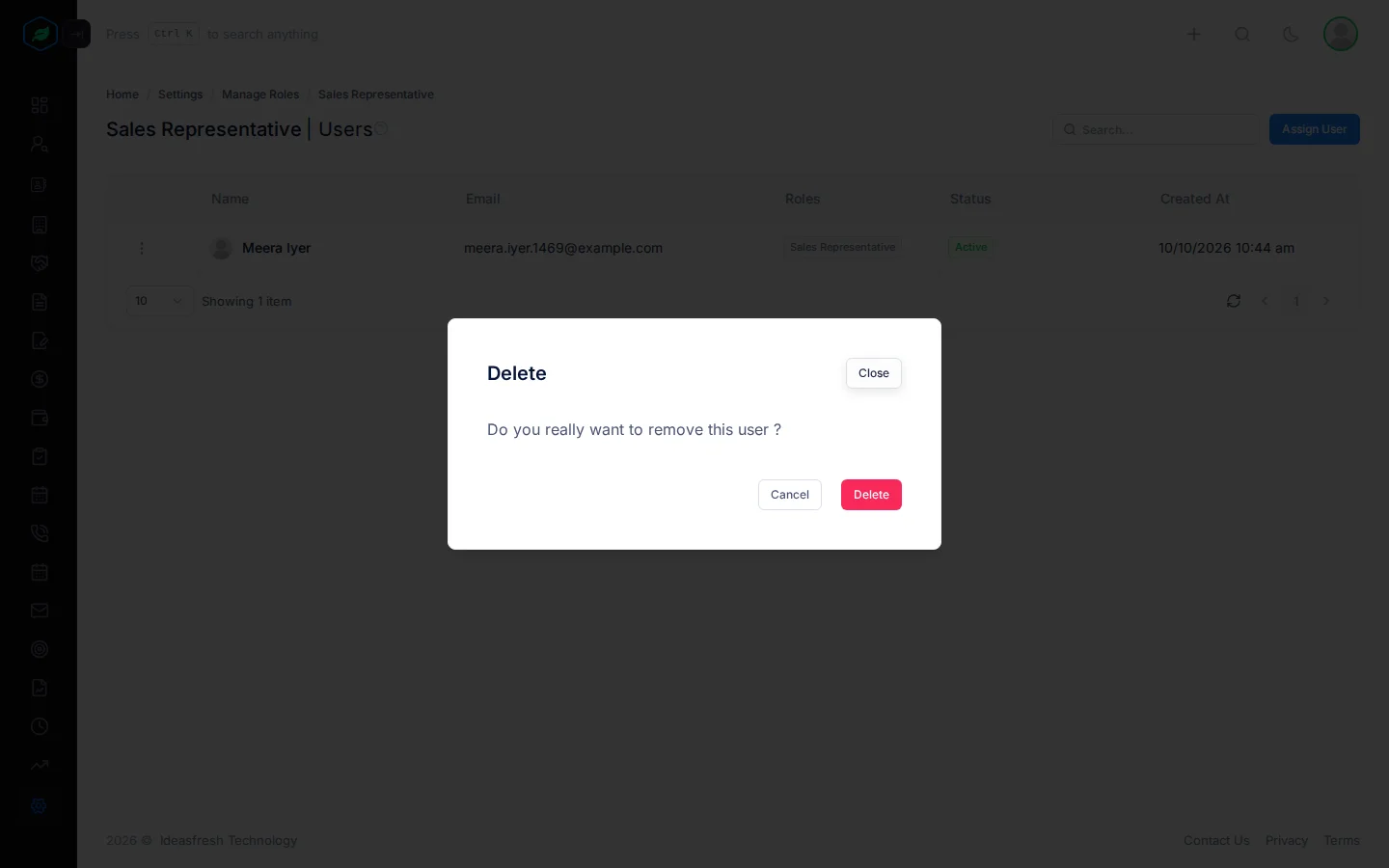 The window asking whether to remove the user from the role, with Cancel and Delete