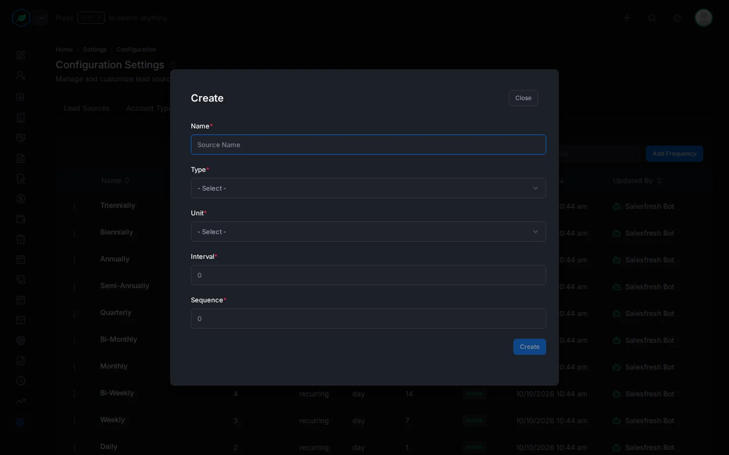The Create window for billing frequencies