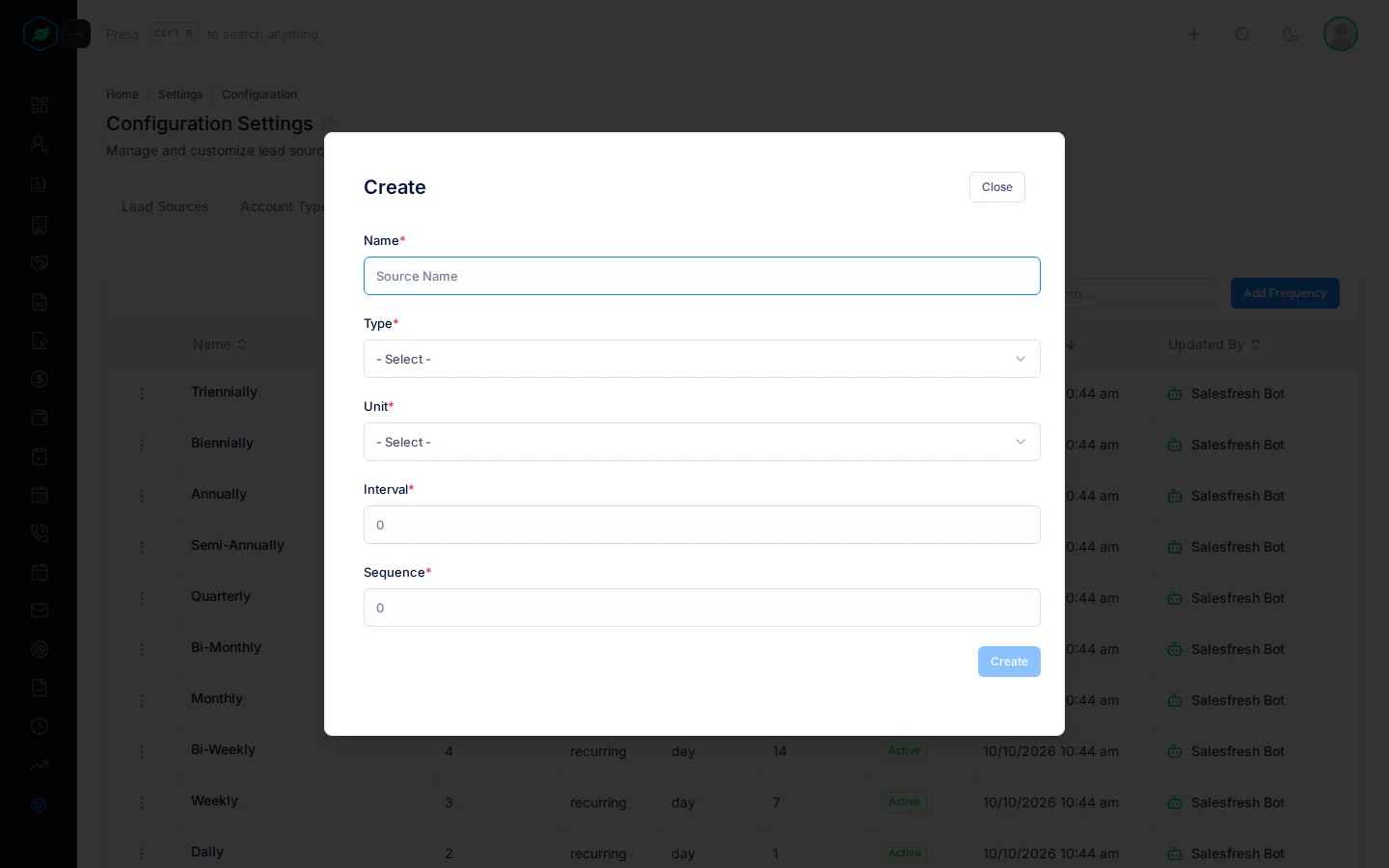 The Create window for billing frequencies