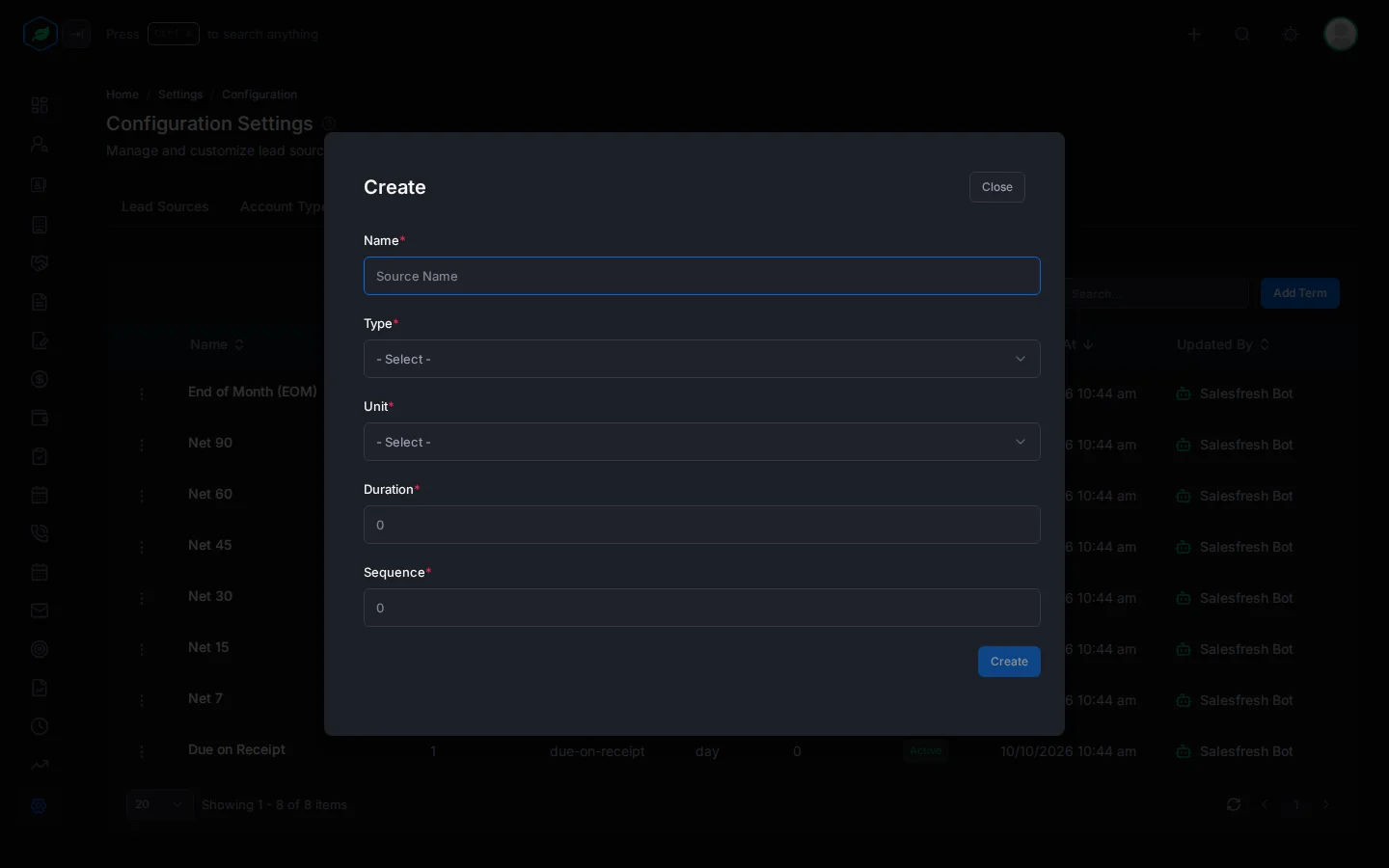 The Create window for billing terms