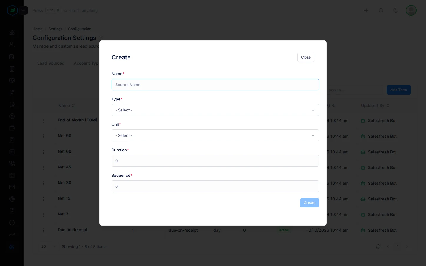 The Create window for billing terms