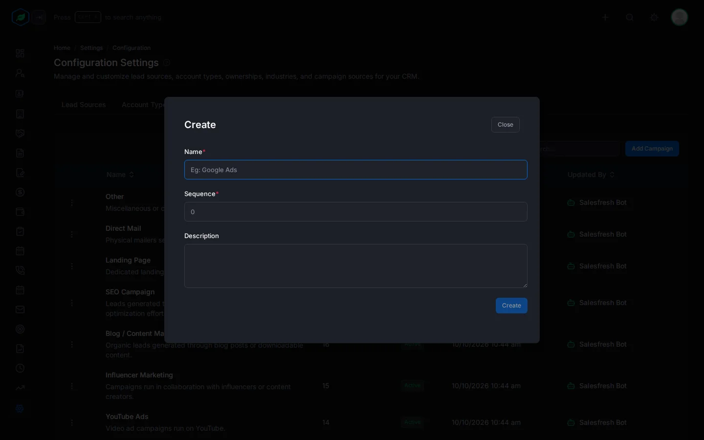 The Create window for campaign sources