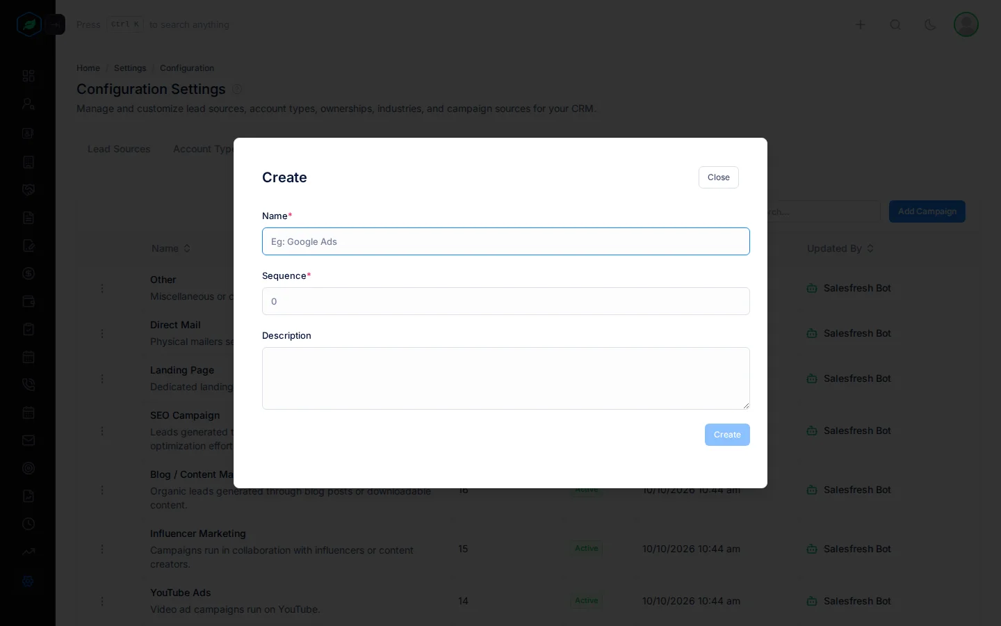 The Create window for campaign sources