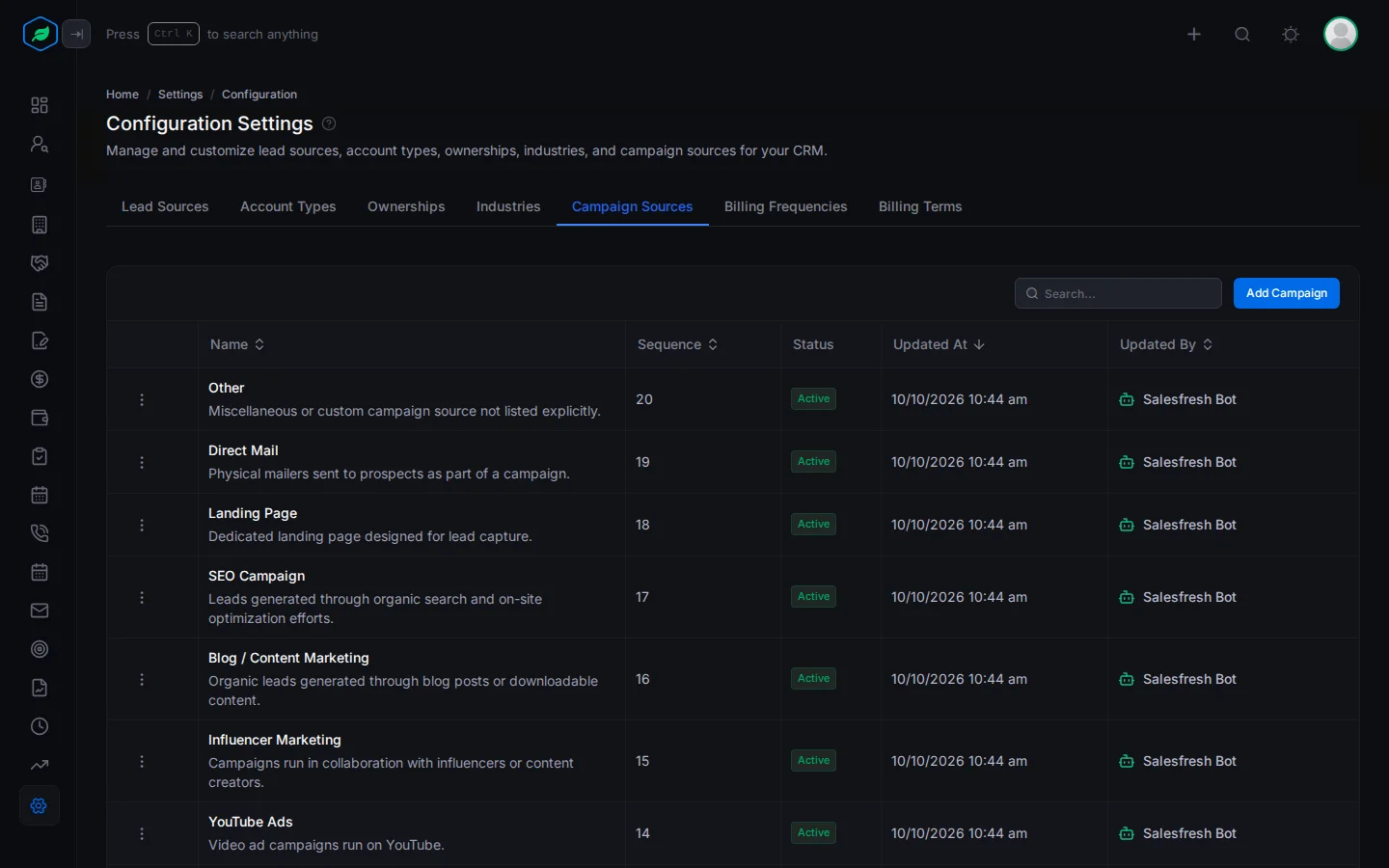 The Campaign Sources tab with a row for each value, its sequence and status