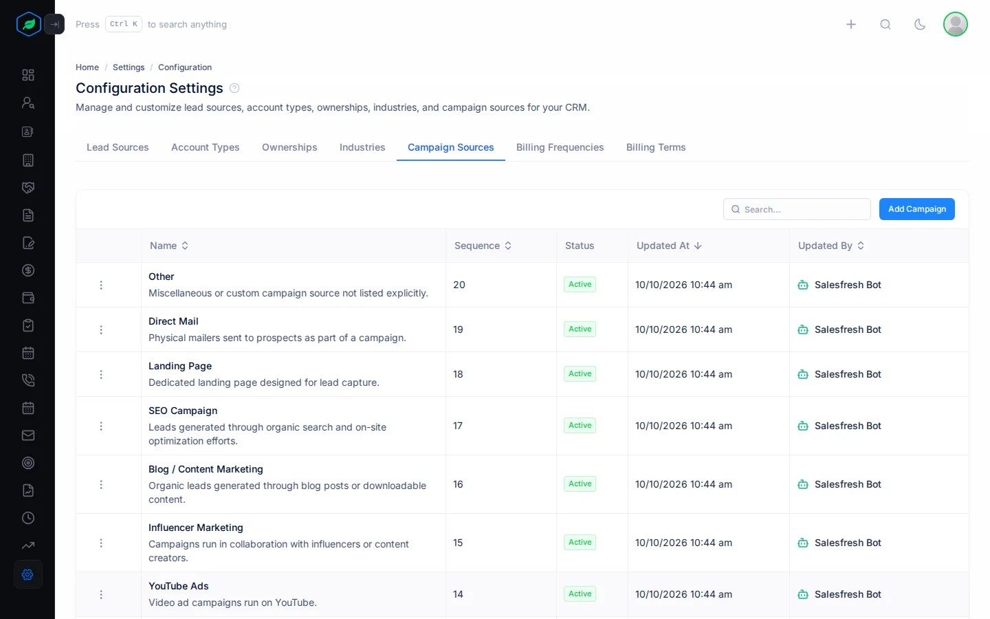 The Campaign Sources tab with a row for each value, its sequence and status