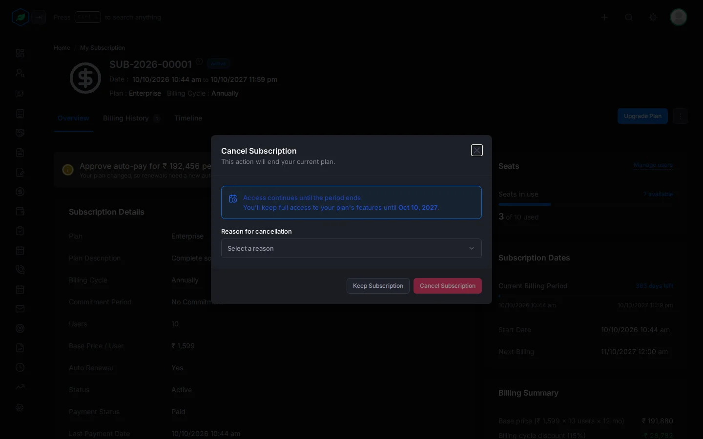 The Cancel Subscription window with the access message, the Reason for cancellation picker, and Keep Subscription and Cancel Subscription