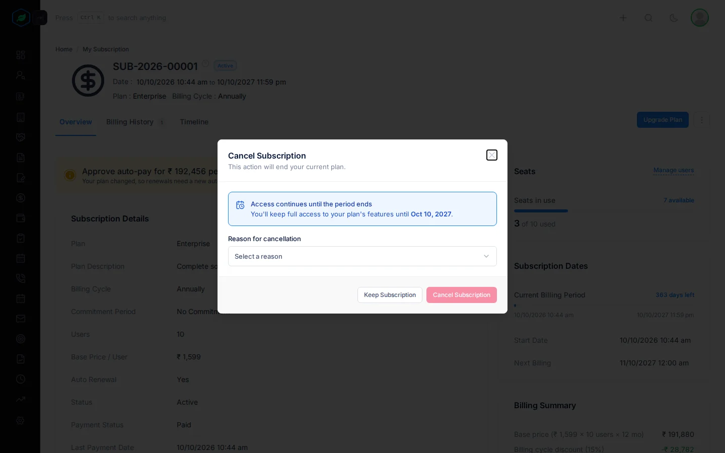 The Cancel Subscription window with the access message, the Reason for cancellation picker, and Keep Subscription and Cancel Subscription