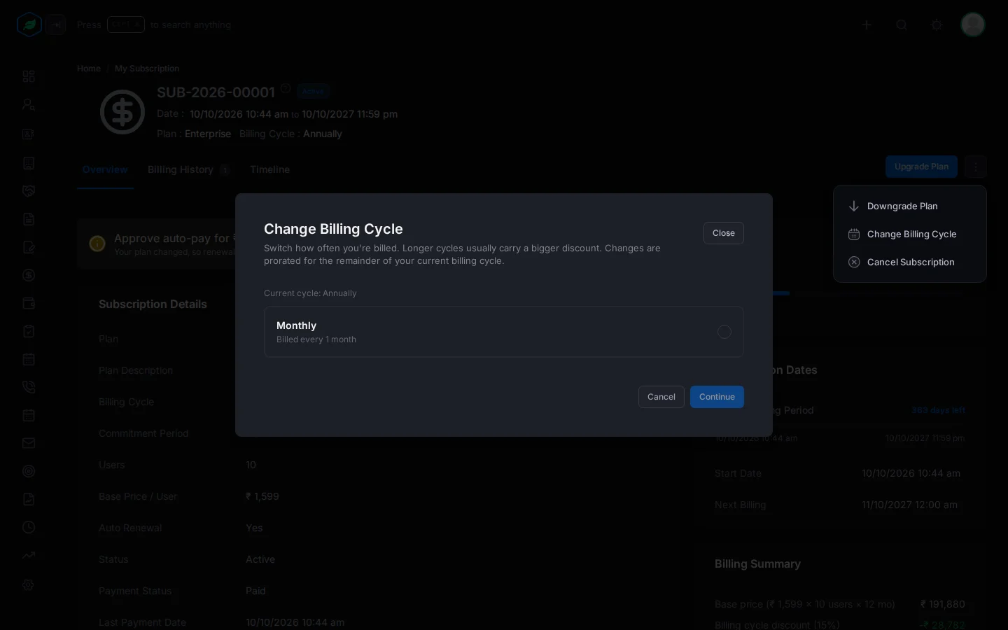 The Change Billing Cycle window with the current cycle and the cycles to pick from