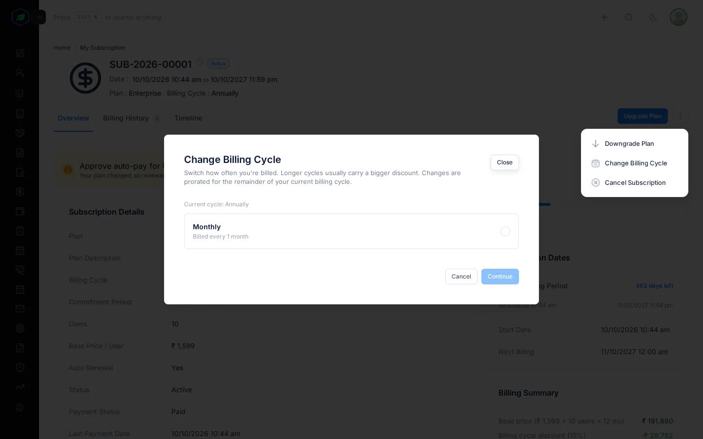 The Change Billing Cycle window with the current cycle and the cycles to pick from