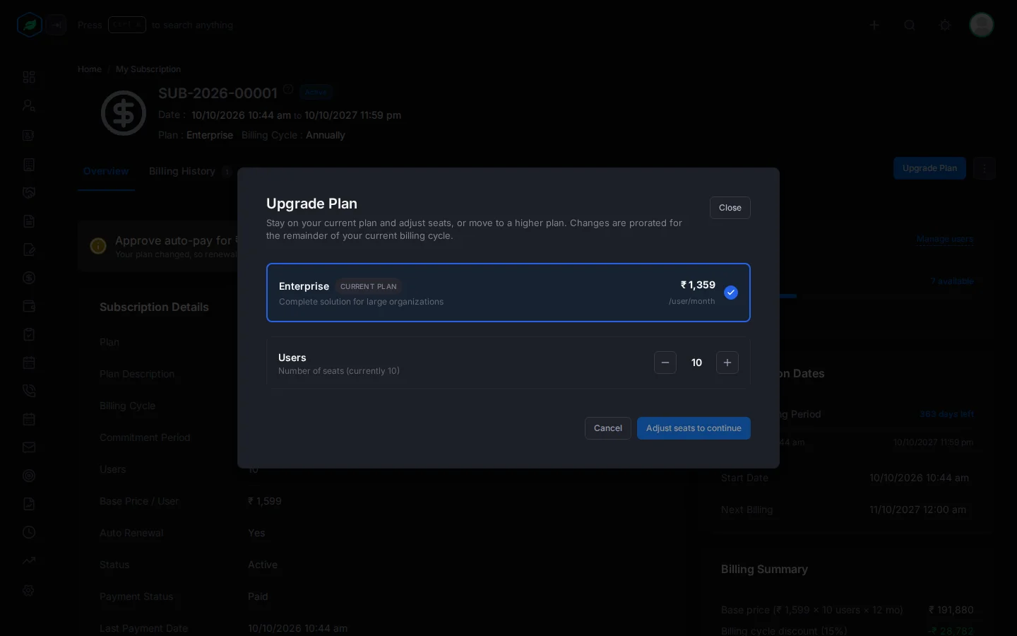 The Upgrade Plan window with the current plan and the Users counter