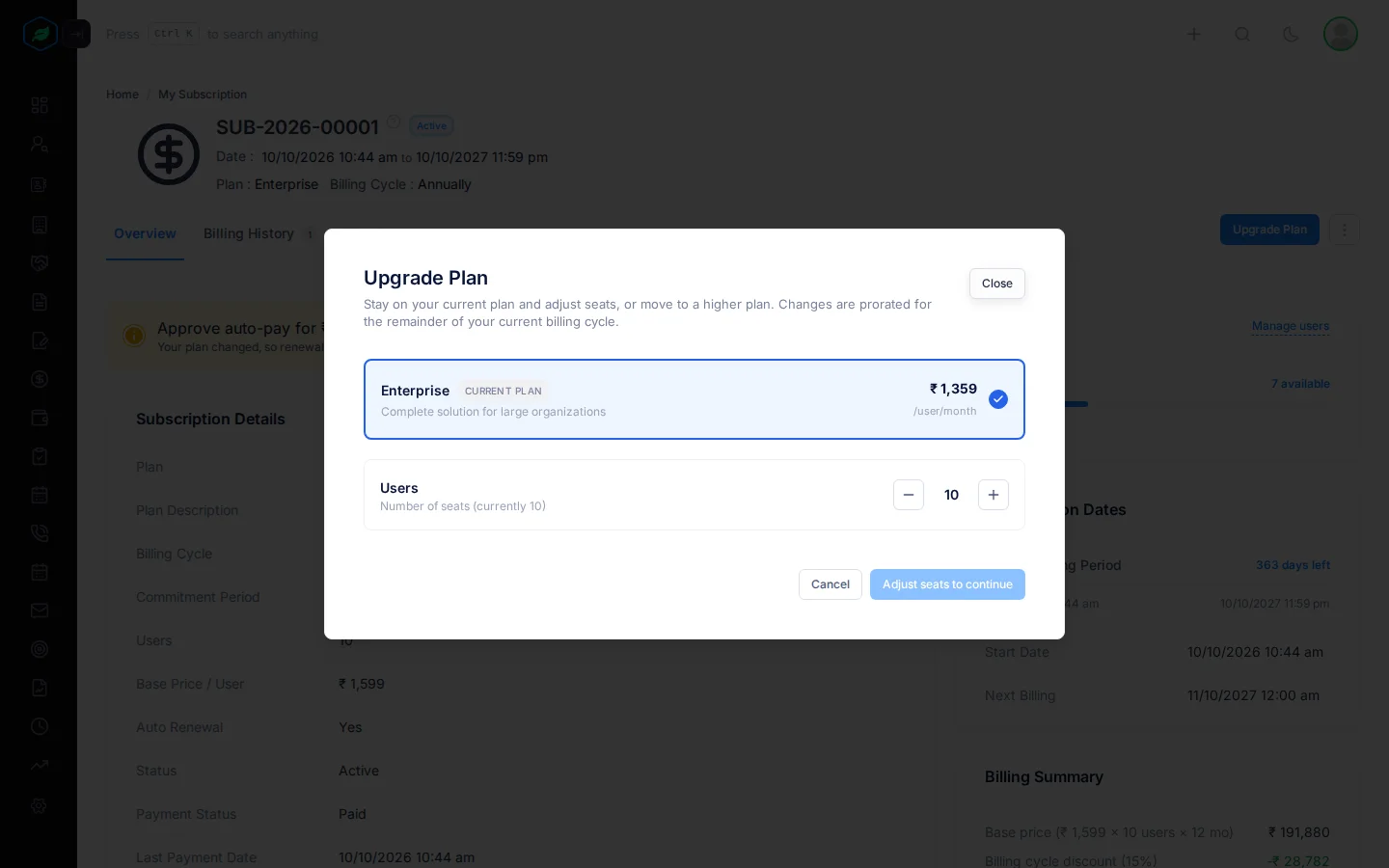 The Upgrade Plan window with the current plan and the Users counter