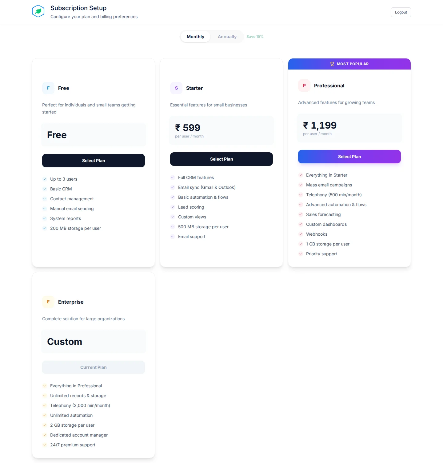 The plan picker with the Monthly and Annually switch and a card for each plan