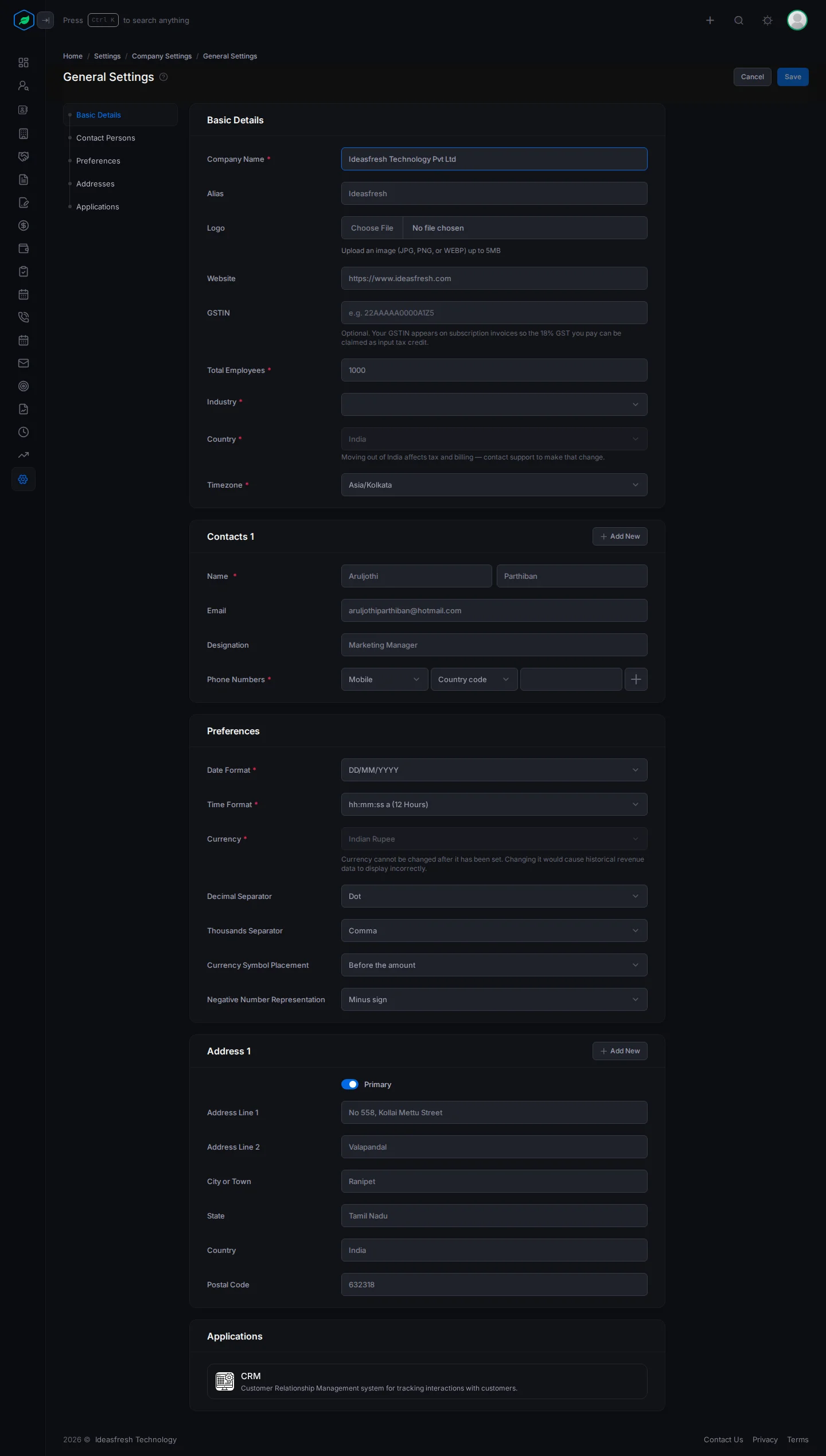 The General Settings page with Basic Details, Contact Persons, Preferences, Addresses and Applications
