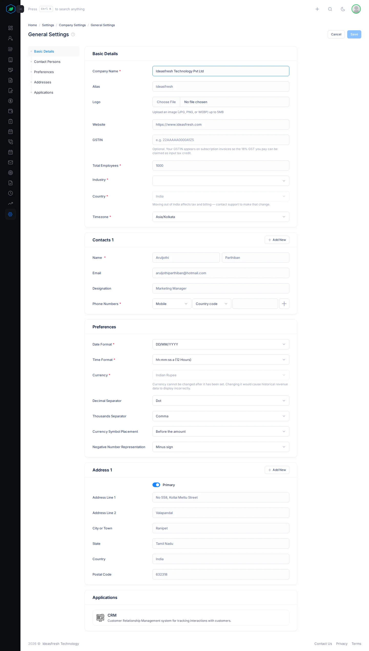 The General Settings page with Basic Details, Contact Persons, Preferences, Addresses and Applications
