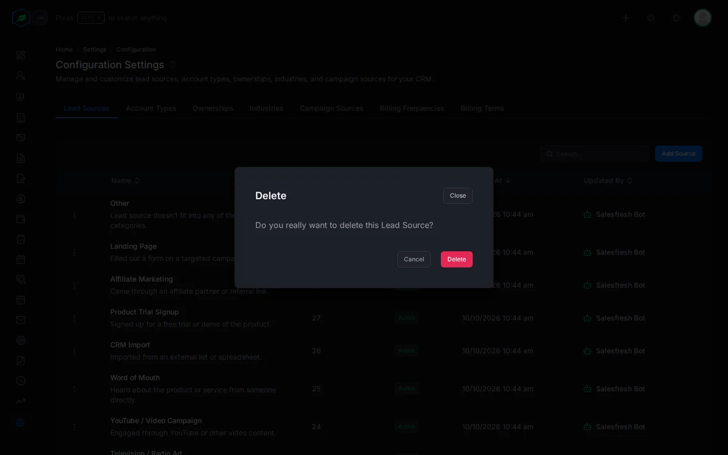 The Delete window asking whether to delete the lead source, with Cancel and Delete