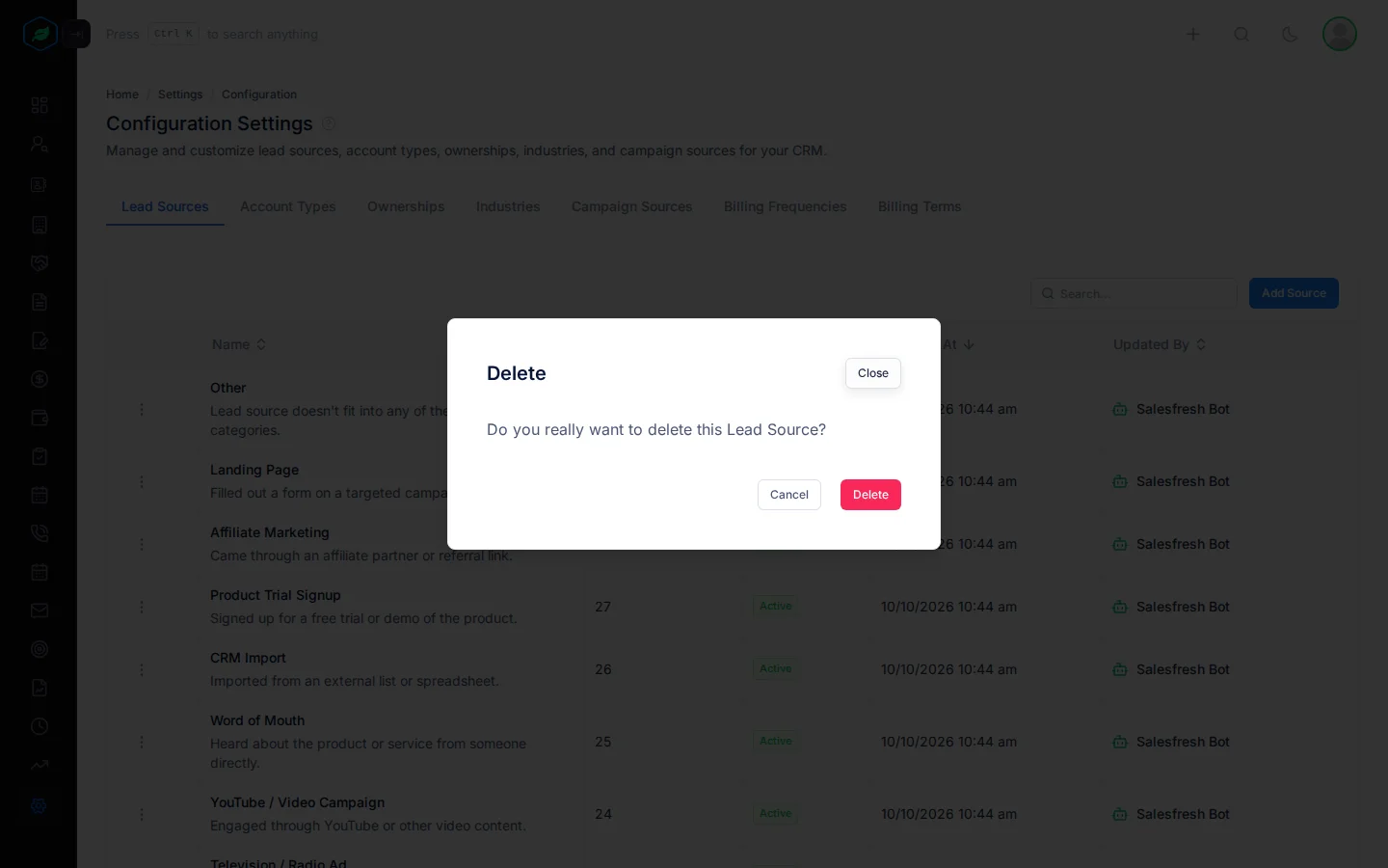 The Delete window asking whether to delete the lead source, with Cancel and Delete