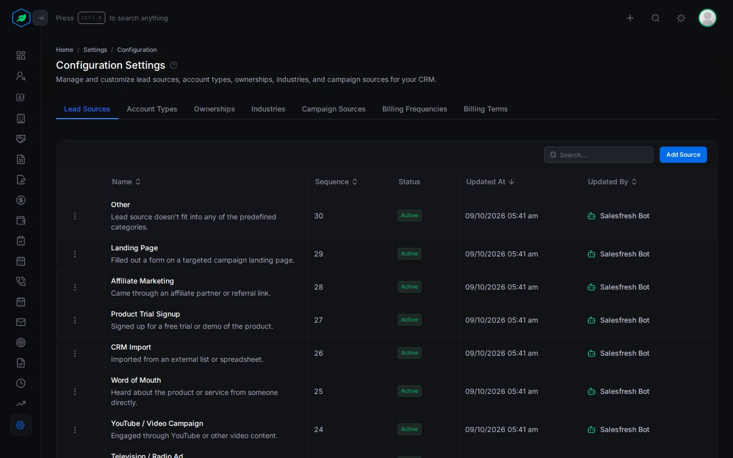 The Configuration Settings page on Lead Sources, with a row for each source and its sequence and status