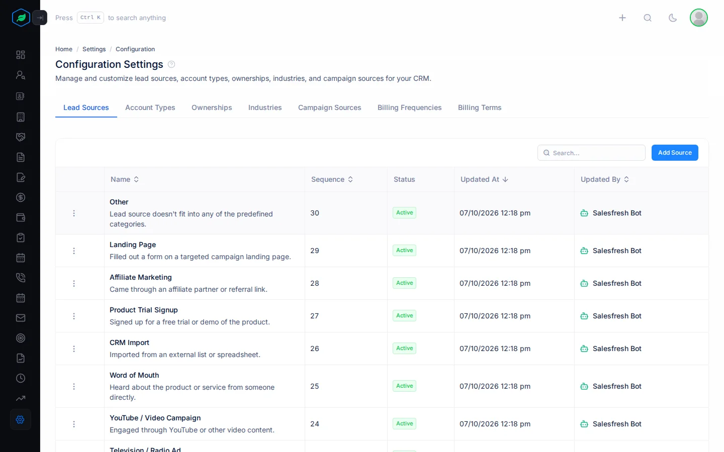 The Configuration Settings page on Lead Sources, with a row for each source and its sequence and status