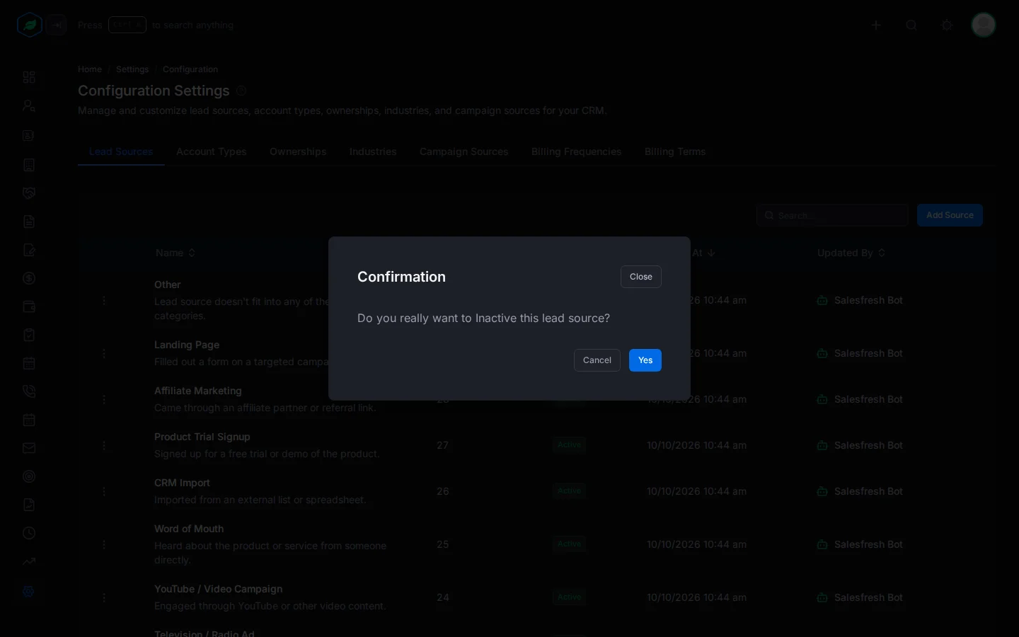 The confirmation asking whether to make the lead source inactive, with Cancel and Yes