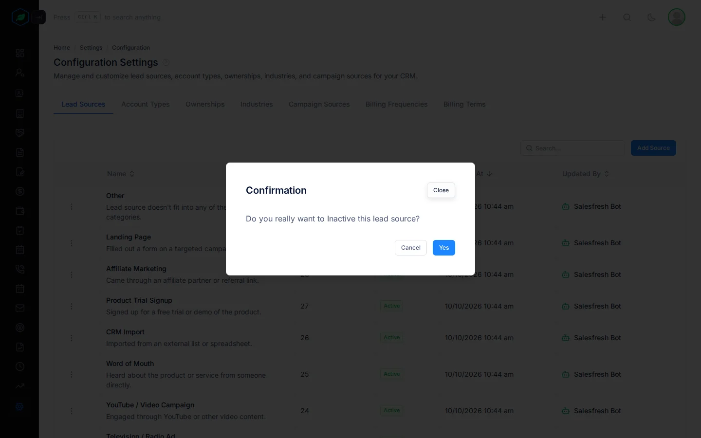 The confirmation asking whether to make the lead source inactive, with Cancel and Yes