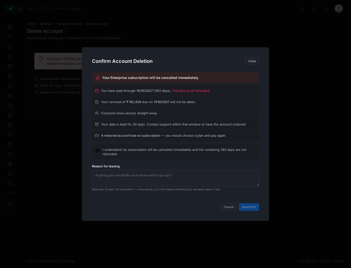 The Confirm Account Deletion window listing what happens to the subscription and data, with the tick box and the Reason for leaving box
