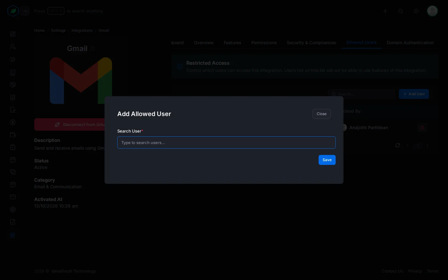 The Add Allowed User window with the Search User box