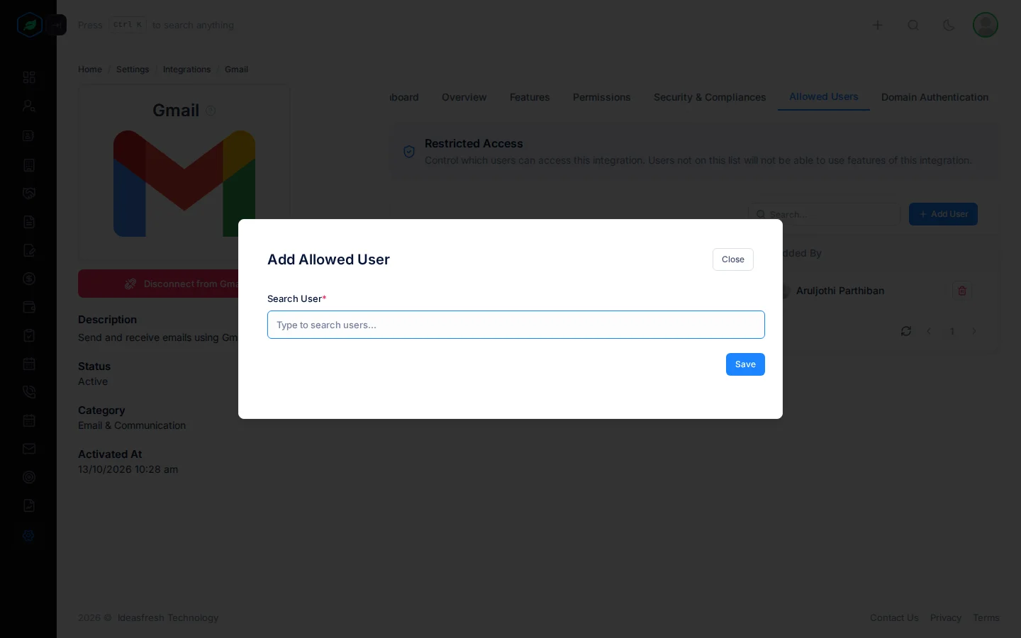 The Add Allowed User window with the Search User box