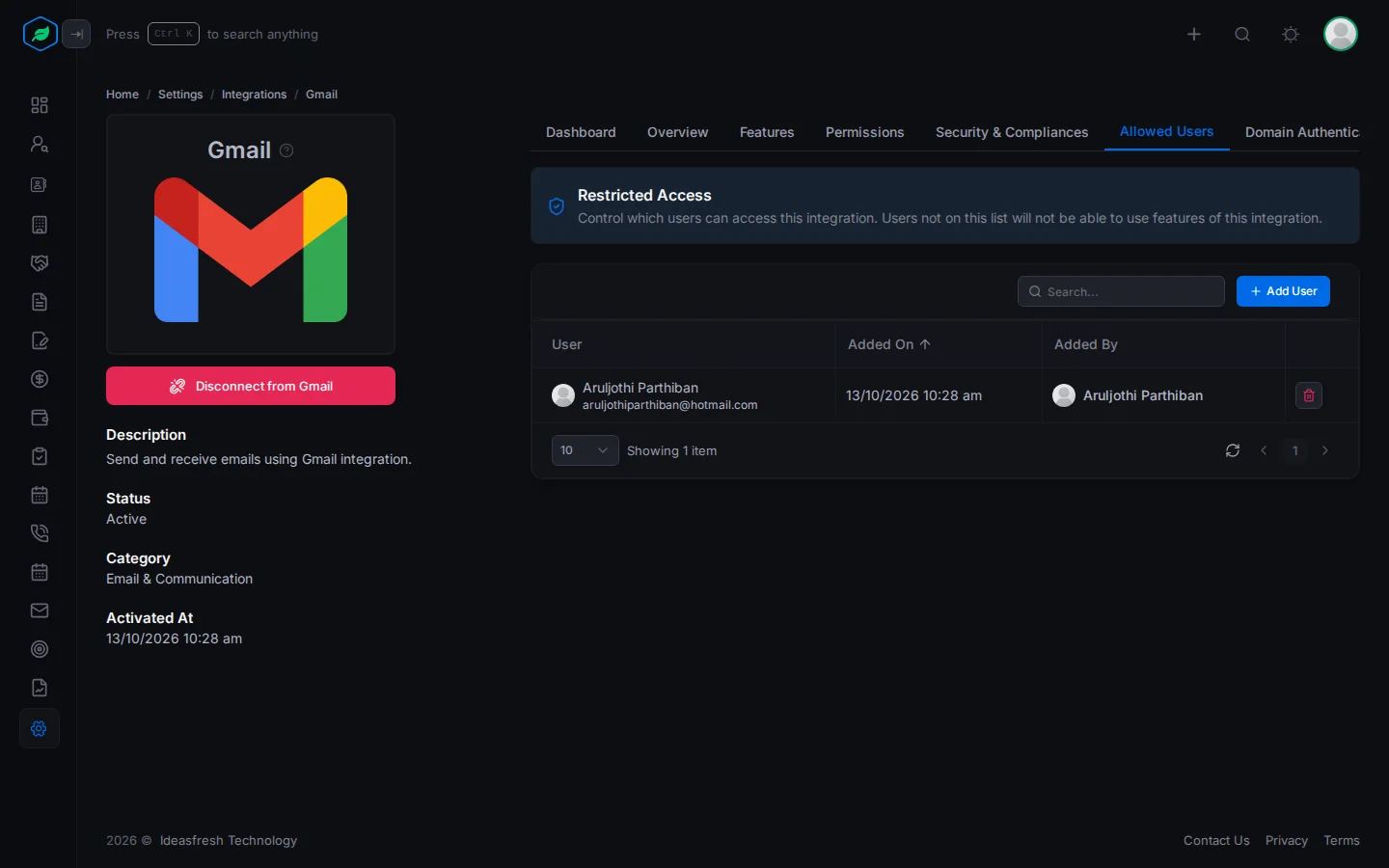 The Allowed Users tab with the Restricted Access banner and the list of people