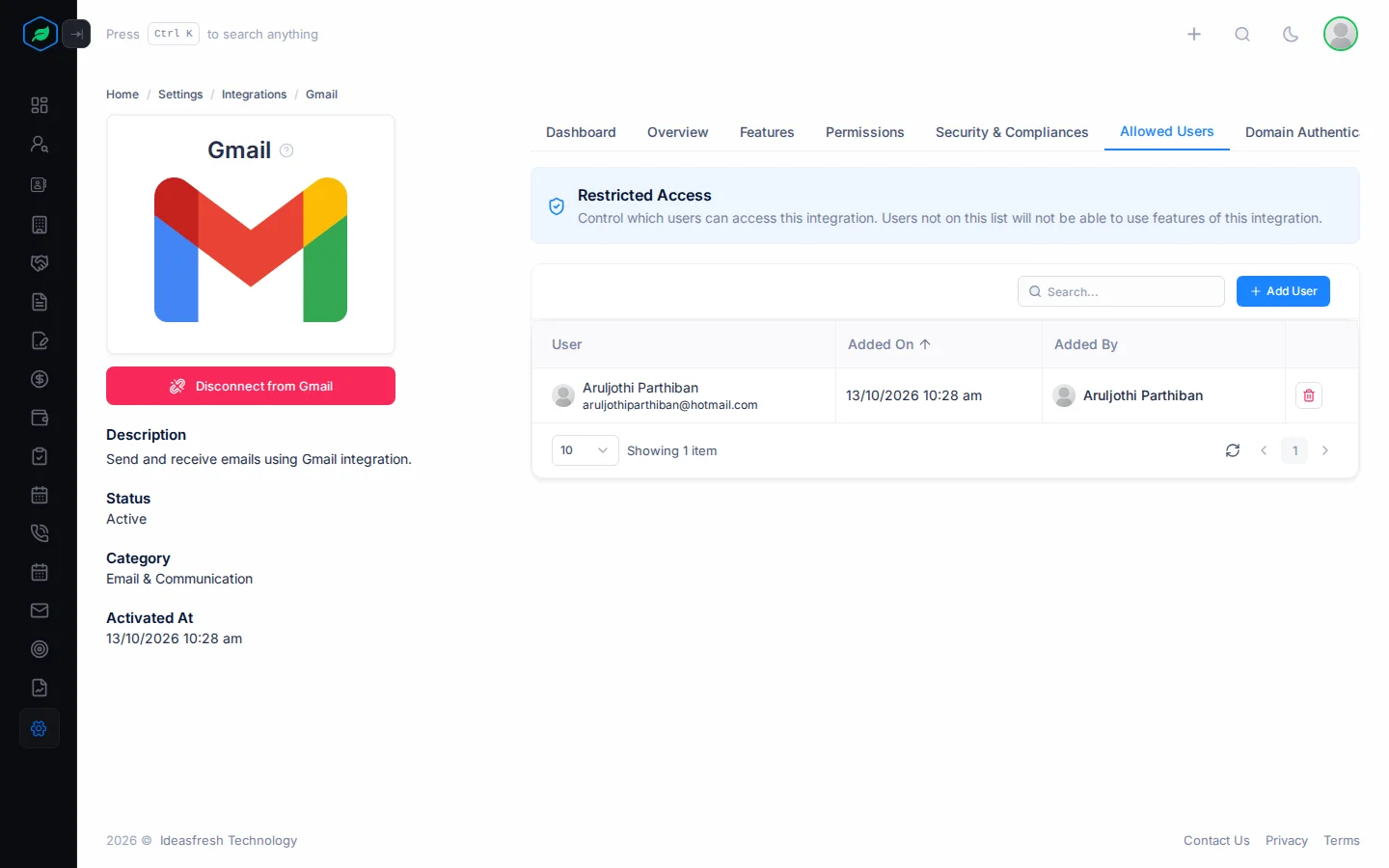 The Allowed Users tab with the Restricted Access banner and the list of people