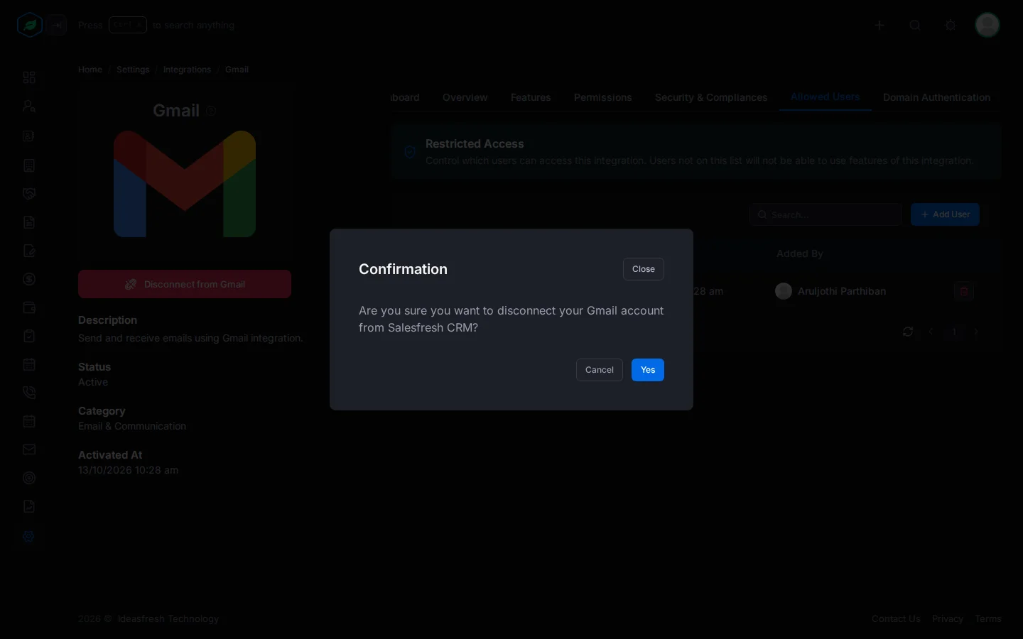 The window asking whether to disconnect the Gmail account, with Cancel and Yes