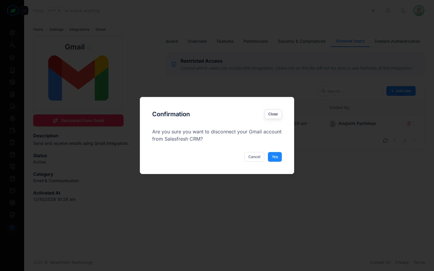 The window asking whether to disconnect the Gmail account, with Cancel and Yes