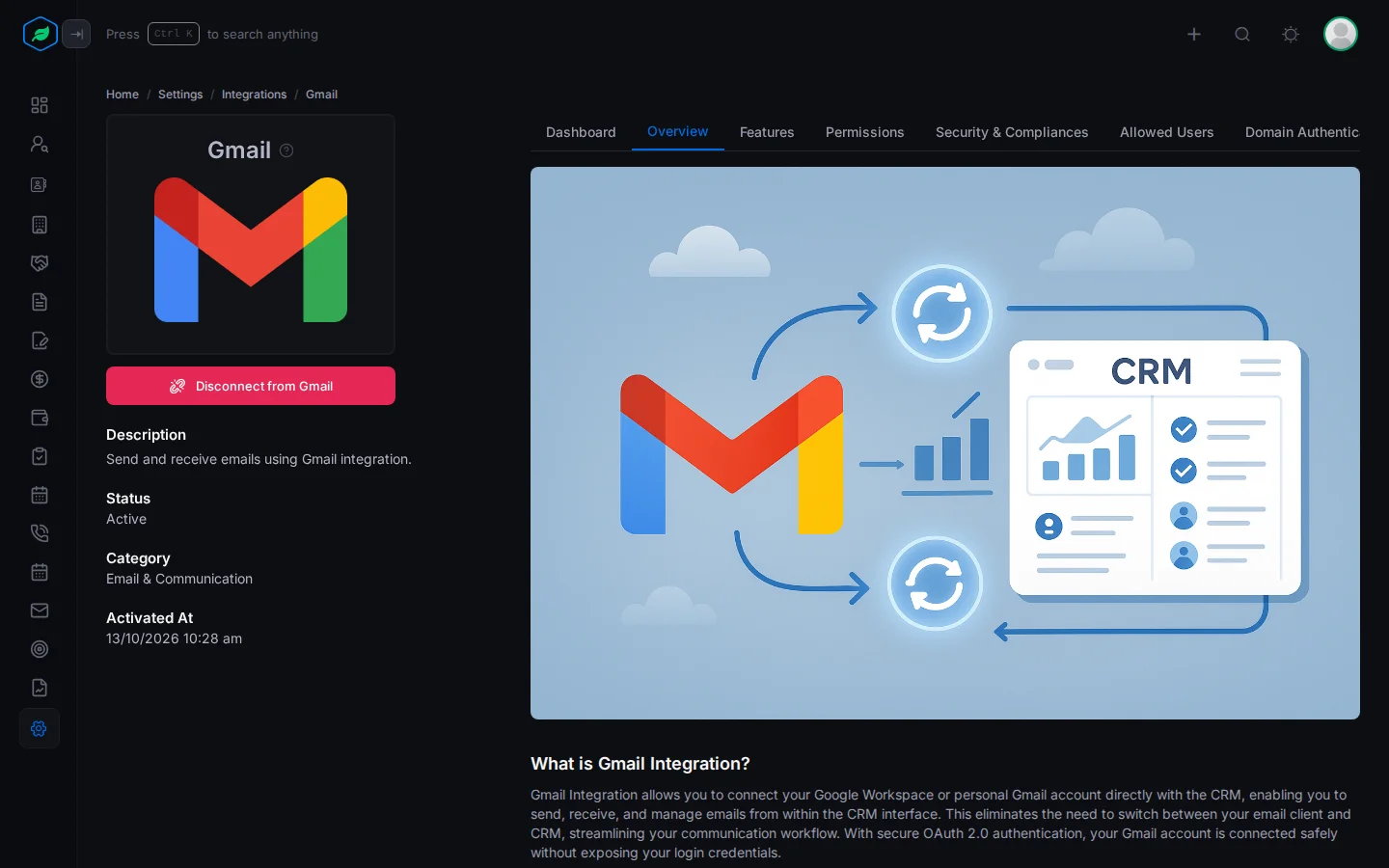 The Gmail page with its description, status and the Overview tab
