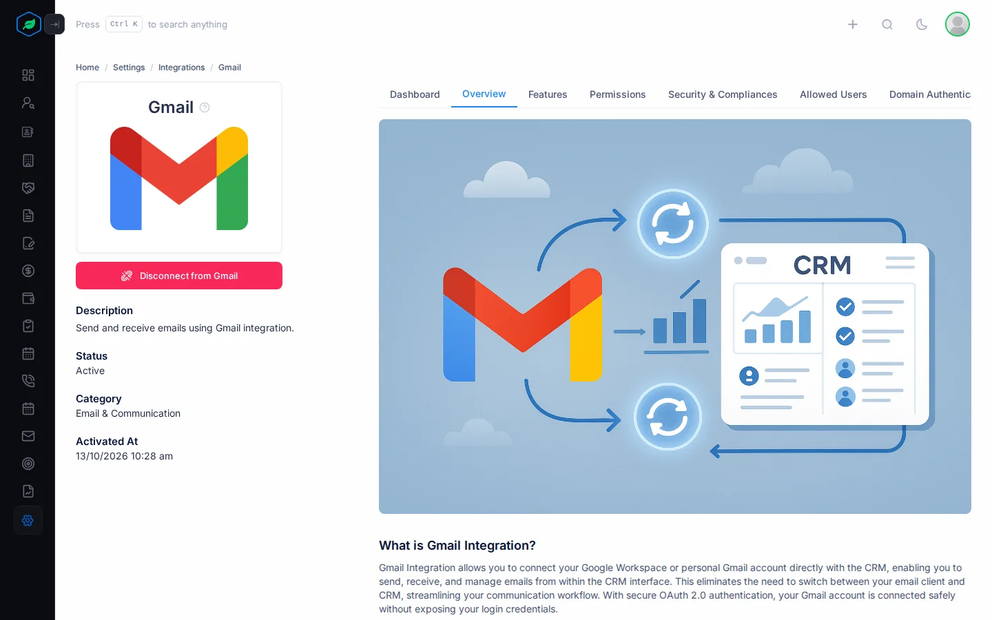 The Gmail page with its description, status and the Overview tab