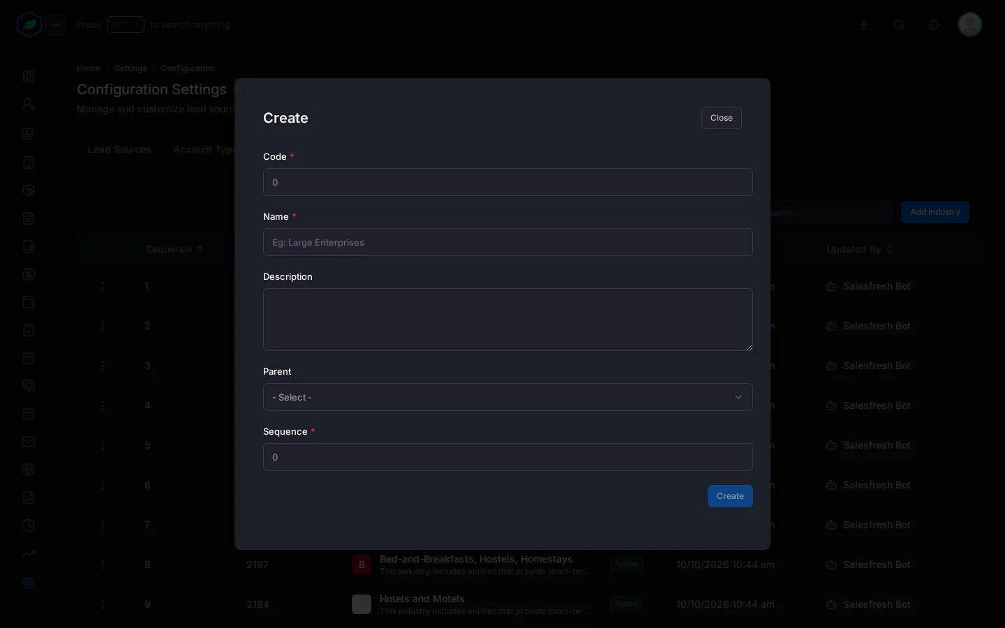 The Create window for industries