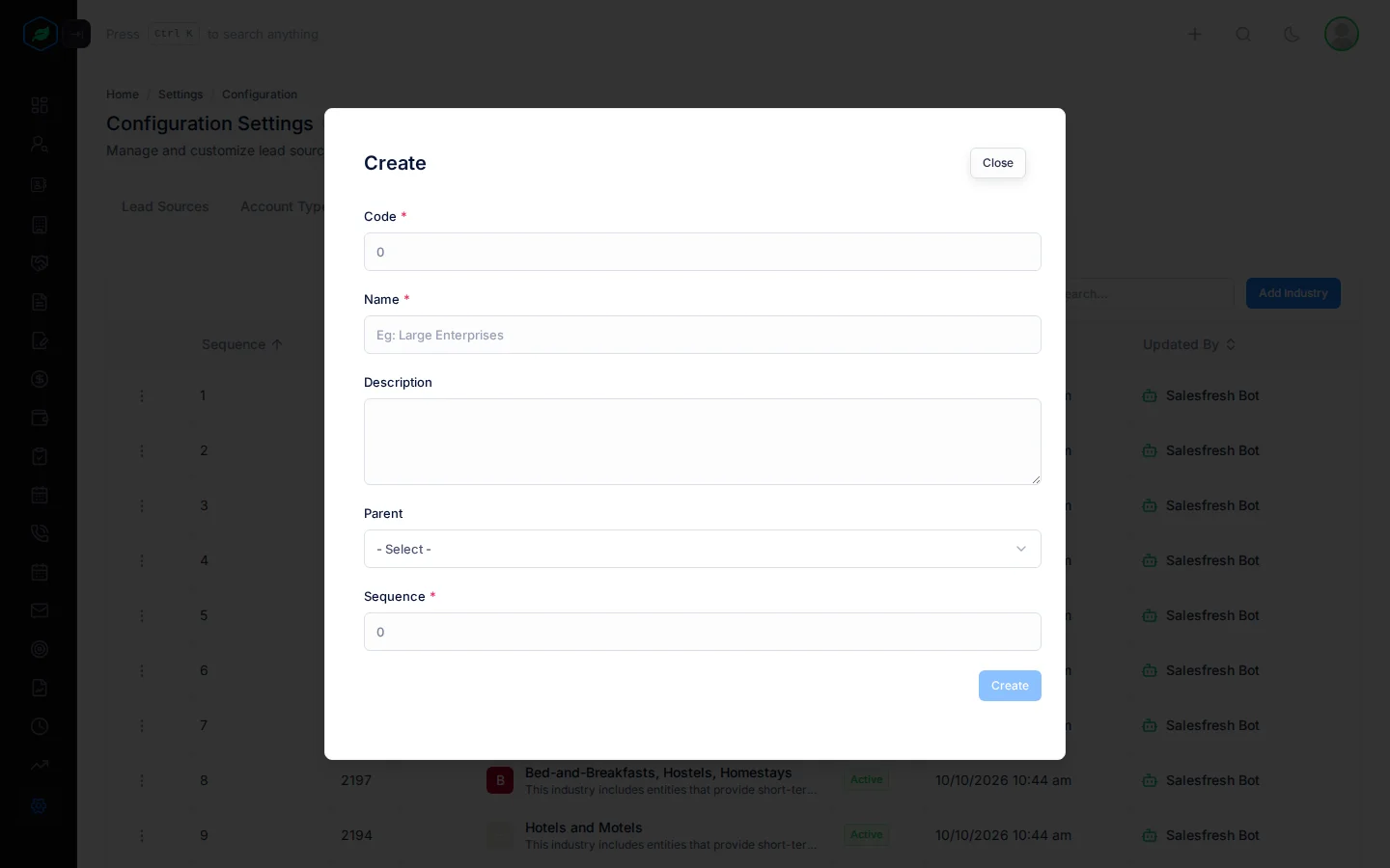 The Create window for industries