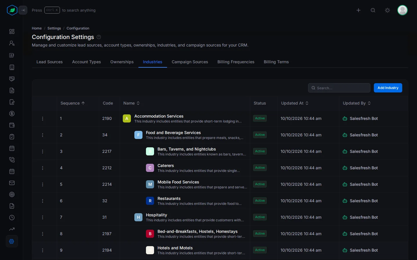 The Industries tab with a row for each value, its sequence and status