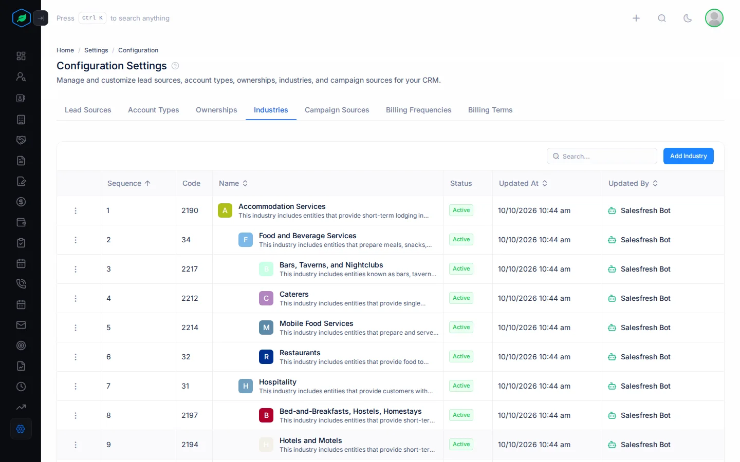 The Industries tab with a row for each value, its sequence and status