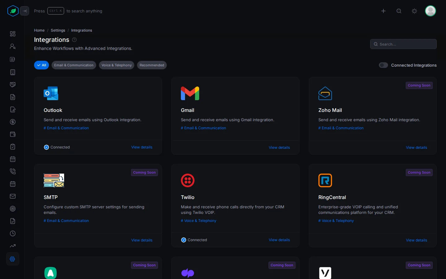 The Integrations page with a card for each integration