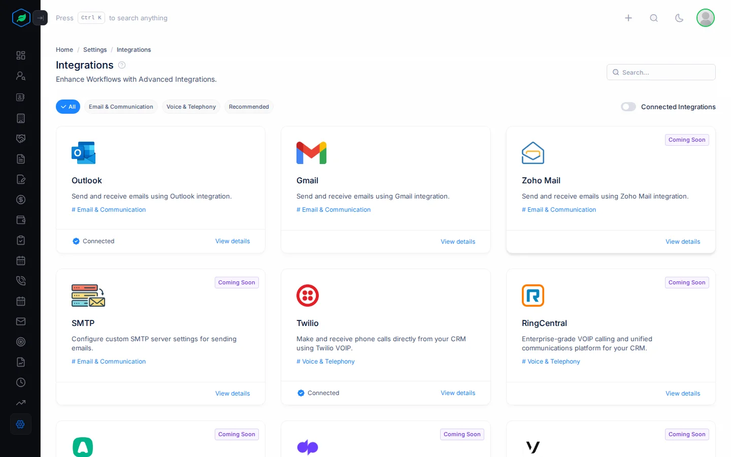 The Integrations page with a card for each integration