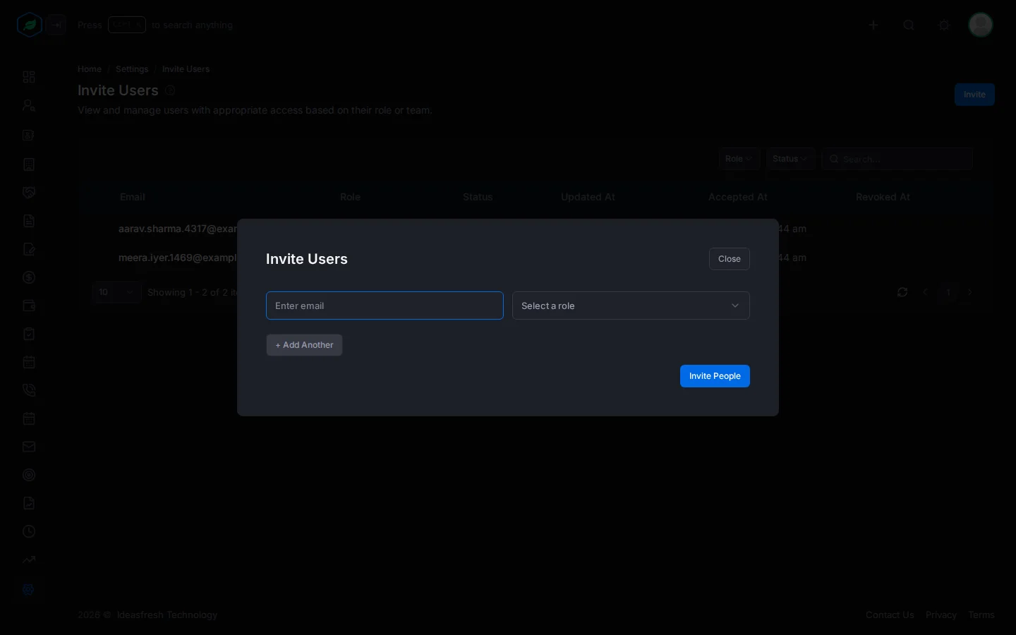 The Invite Users window with an email box, a role picker and Add Another