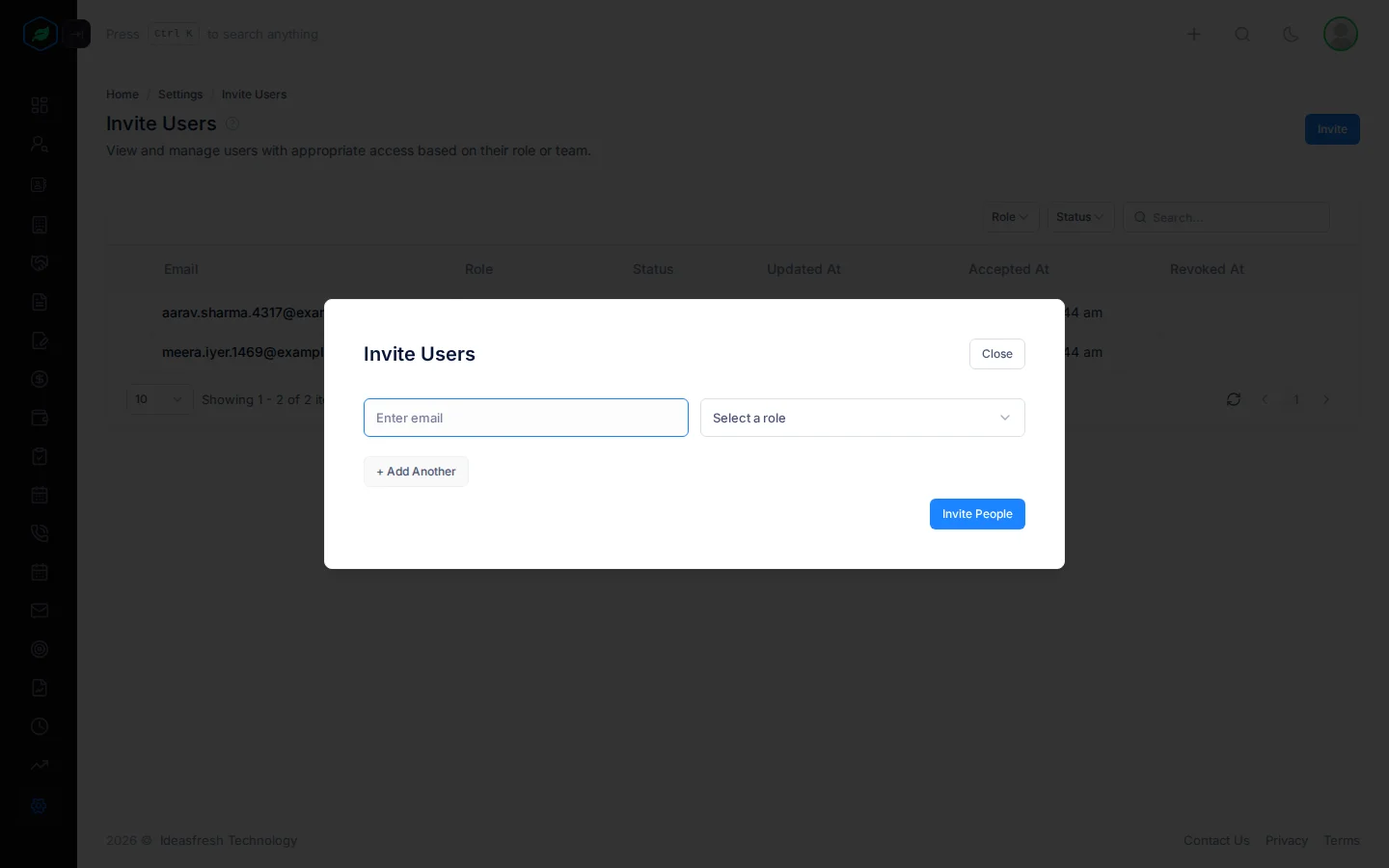 The Invite Users window with an email box, a role picker and Add Another