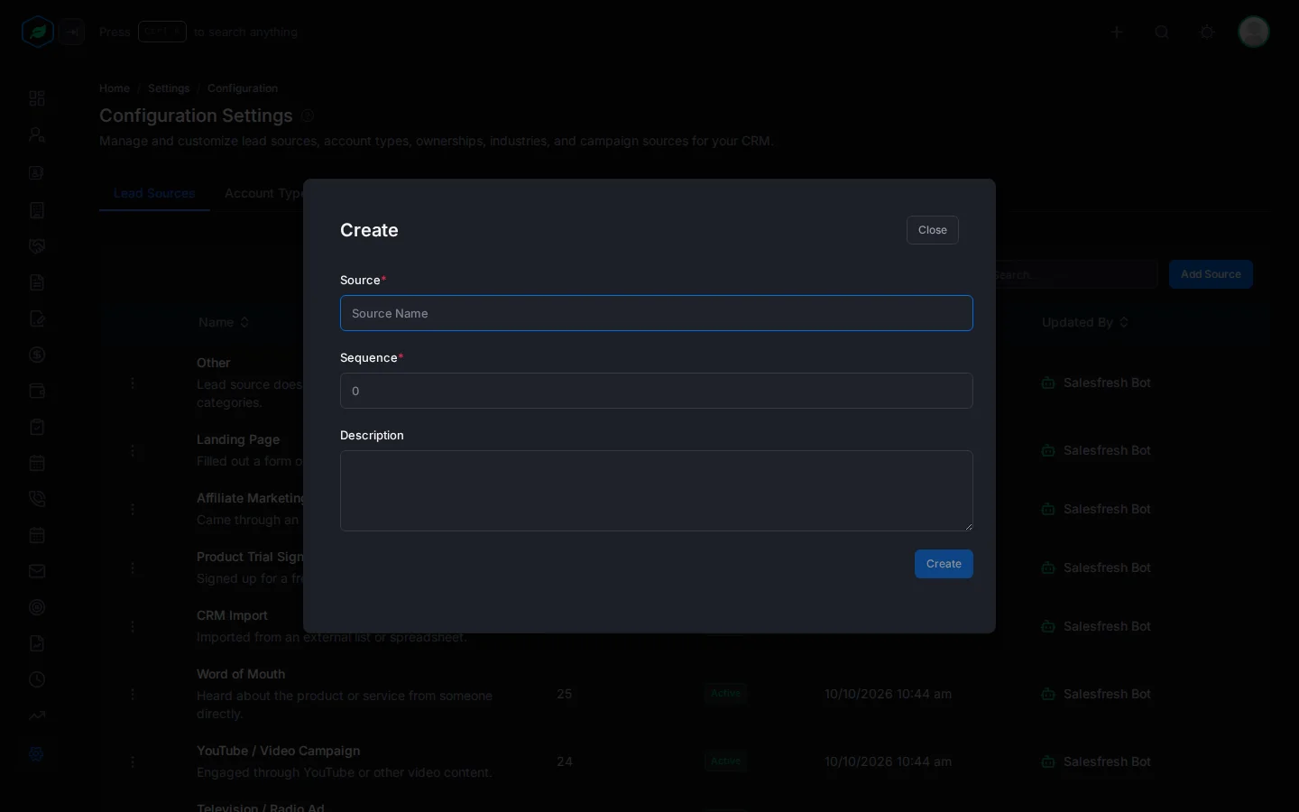 The Create window for lead sources