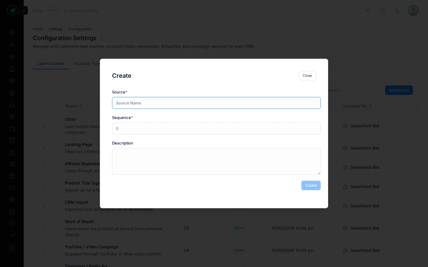 The Create window for lead sources