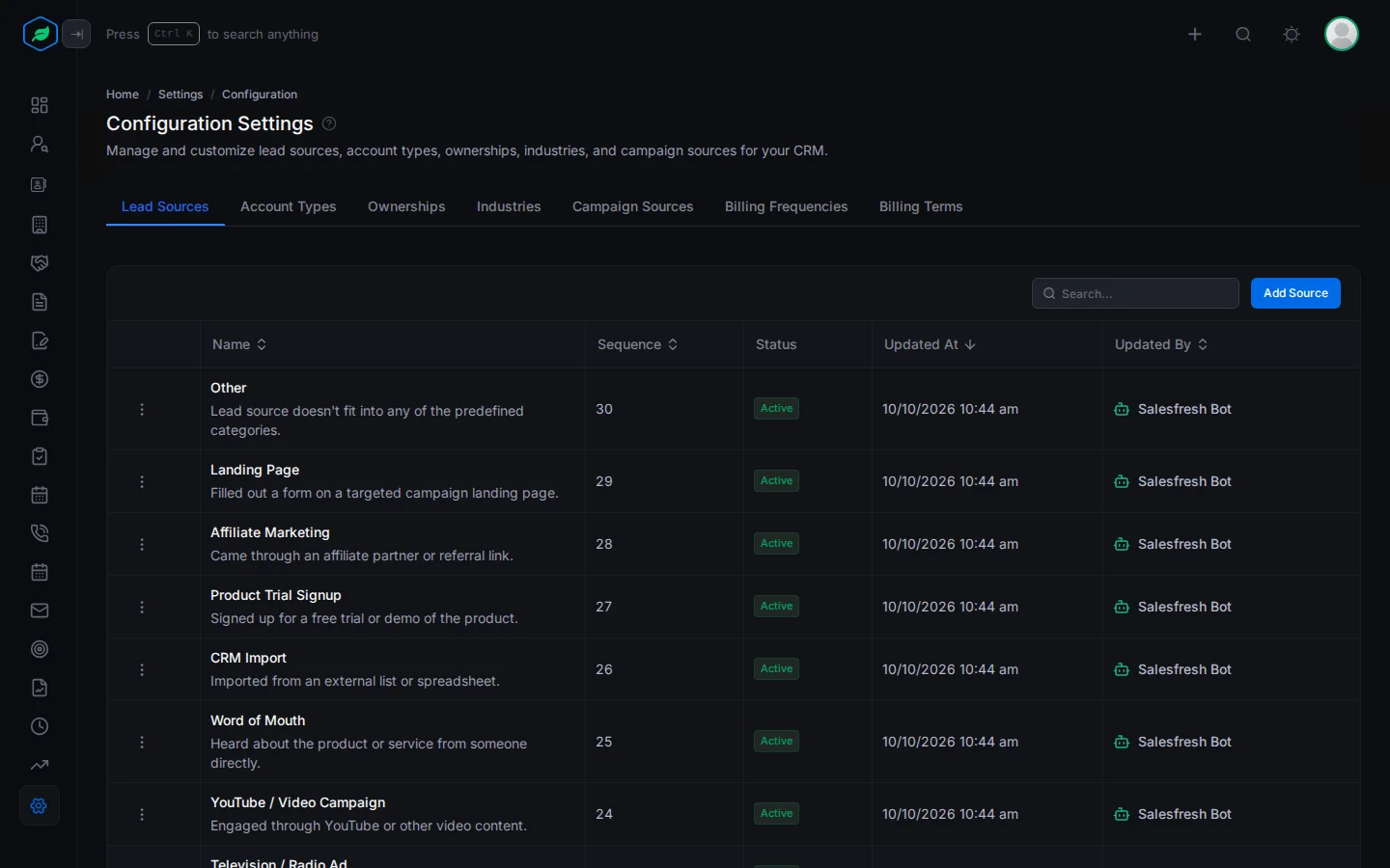 The Lead Sources tab with a row for each value, its sequence and status