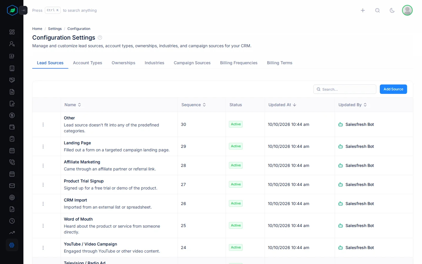 The Lead Sources tab with a row for each value, its sequence and status