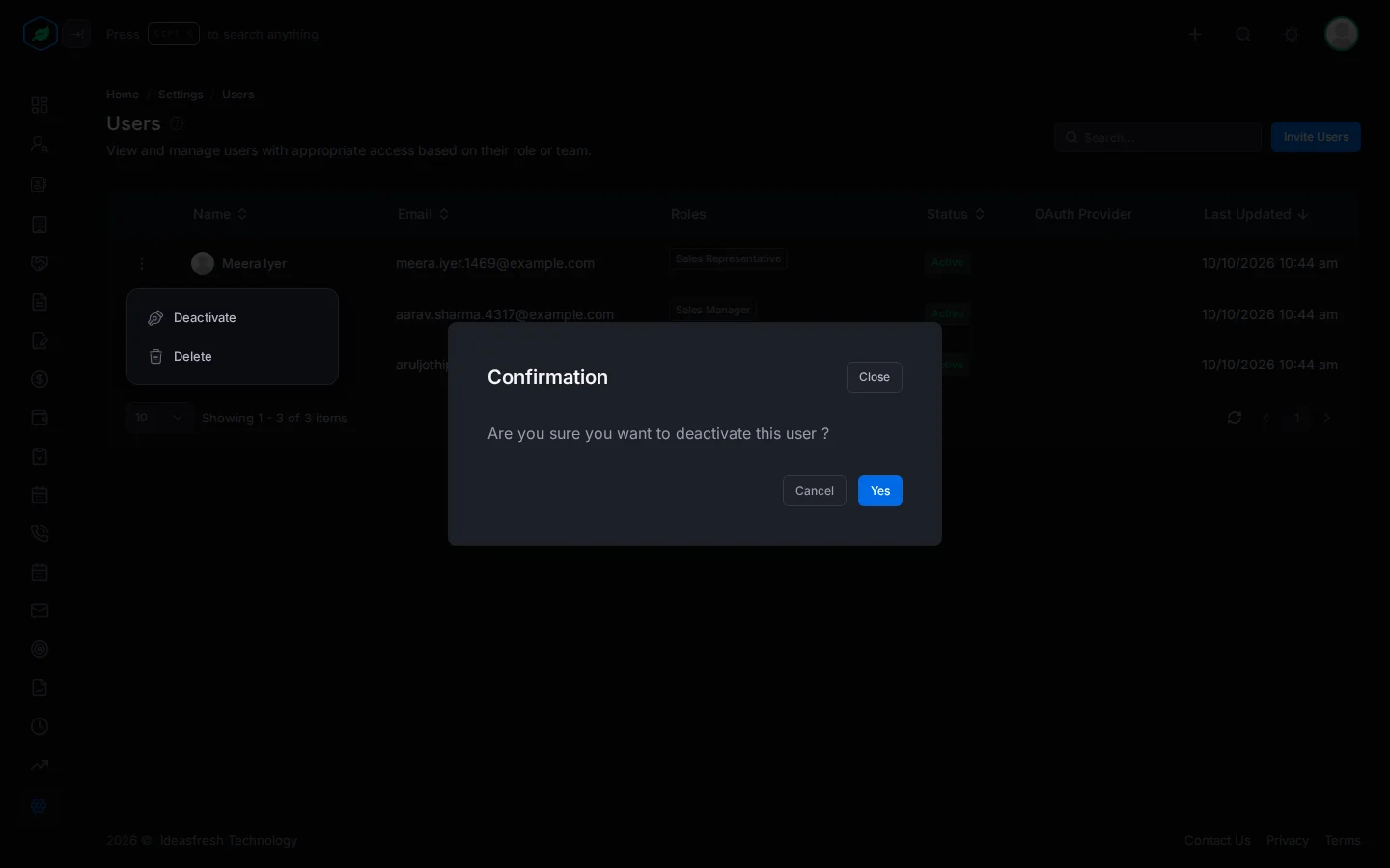 The window asking whether to deactivate the user, with Cancel and Yes