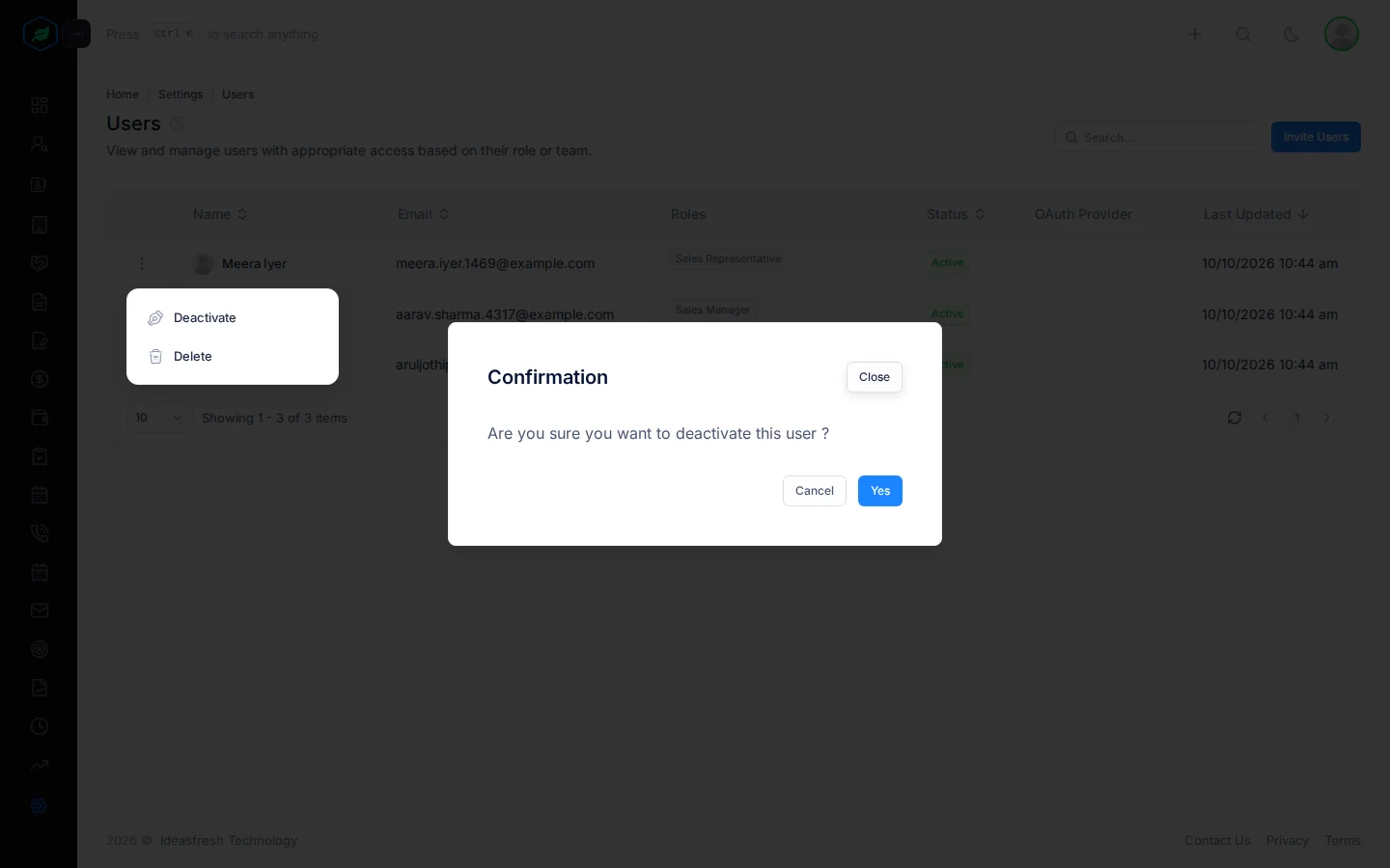 The window asking whether to deactivate the user, with Cancel and Yes