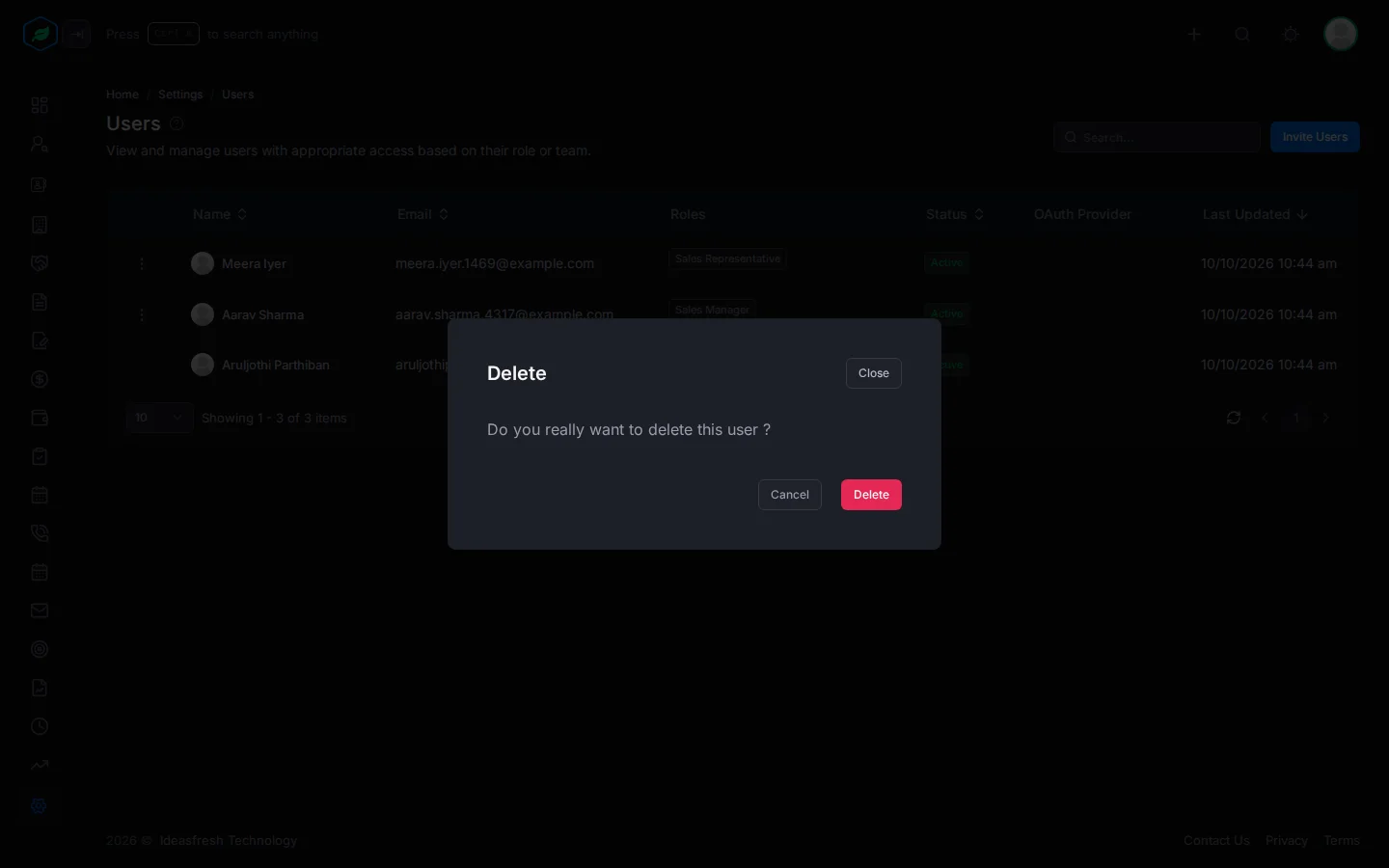 The window asking whether to delete the user, with Cancel and Delete